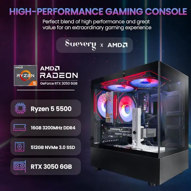 Alt view image 3 of 7 - Suevery Gaming PC Desktop, AMD Ryzen 5 5500 Processor, Radeon RX 6500 XT 4GB Graphics, 16GB DDR4 3200MHz RAM, 1TB NVMe SSD, Wi-Fi 6, Black Gaming Computer