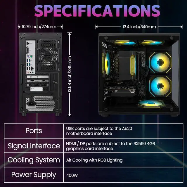 Alt view image 6 of 7 - Suevery Gaming PC Desktop, AMD Ryzen 7 4700LE 8-Core Processor, NVIDIA GeForce RX 6500XT, 16GB DDR4 RAM, 512GB SSD, Wi-Fi, RGB Lighting, 400W PSU, Black