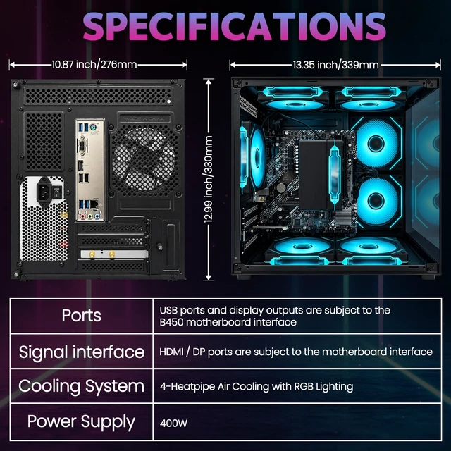 Alt view image 6 of 7 - Suevery Desktop PC Computer for Business, AMD Ryzen 5 3400G up to 4.2GHz, 16GB DDR4 RAM, 256GB SATA SSD, Radeon Vega 11 Graphics, Wi-Fi 6, RGB Fans, 400W PSU, B450 Motherboard, Black