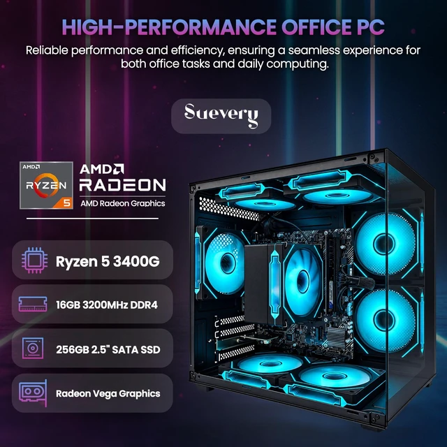 Alt view image 3 of 7 - Suevery Desktop PC Computer for Business, AMD Ryzen 5 3400G up to 4.2GHz, 16GB DDR4 RAM, 256GB SATA SSD, Radeon Vega 11 Graphics, Wi-Fi 6, RGB Fans, 400W PSU, B450 Motherboard, Black