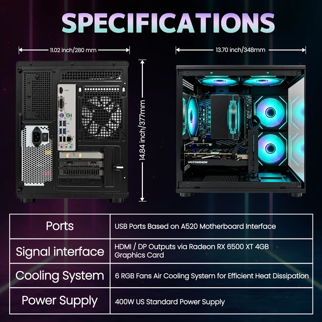 Alt view image 6 of 7 - Suevery Gaming PC Desktop, AMD Ryzen 7 4700LE 8-Core Processor, NVIDIA GeForce RX 6500XT, 16GB DDR4 RAM, 512GB SSD, Wi-Fi, RGB Lighting, 400W PSU, Black
