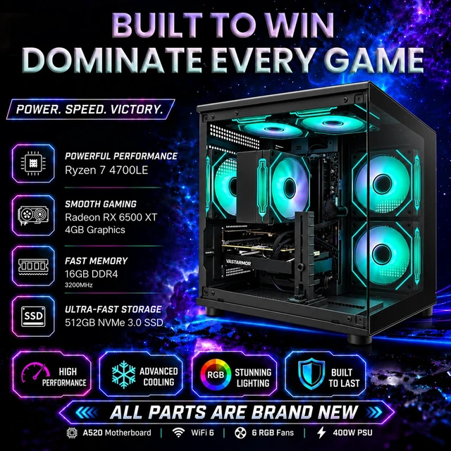 Alt view image 3 of 7 - Suevery Gaming PC Desktop, AMD Ryzen 7 4700LE 8-Core Processor, NVIDIA GeForce RX 6500XT, 16GB DDR4 RAM, 512GB SSD, Wi-Fi, RGB Lighting, 400W PSU, Black