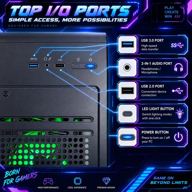 Alt view image 5 of 7 - Suevery Gaming PC Desktop, AMD Ryzen 7 4700LE 8-Core Processor, NVIDIA GeForce RX 6500XT, 16GB DDR4 RAM, 512GB SSD, Wi-Fi, RGB Lighting, 400W PSU, Black