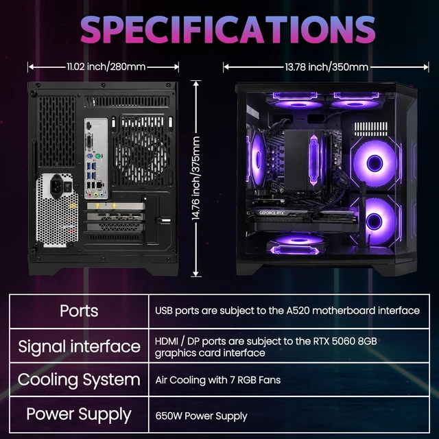 Alt view image 6 of 7 - Suevery Gaming PC Desktop, AMD Ryzen 7 5700X 8-Core Processor, NVIDIA GeForce RTX 5060 8GB, 16GB DDR4 3200MHz RAM, 1TB NVMe SSD, Wi-Fi 6, RGB Lighting, 650W PSU, Black