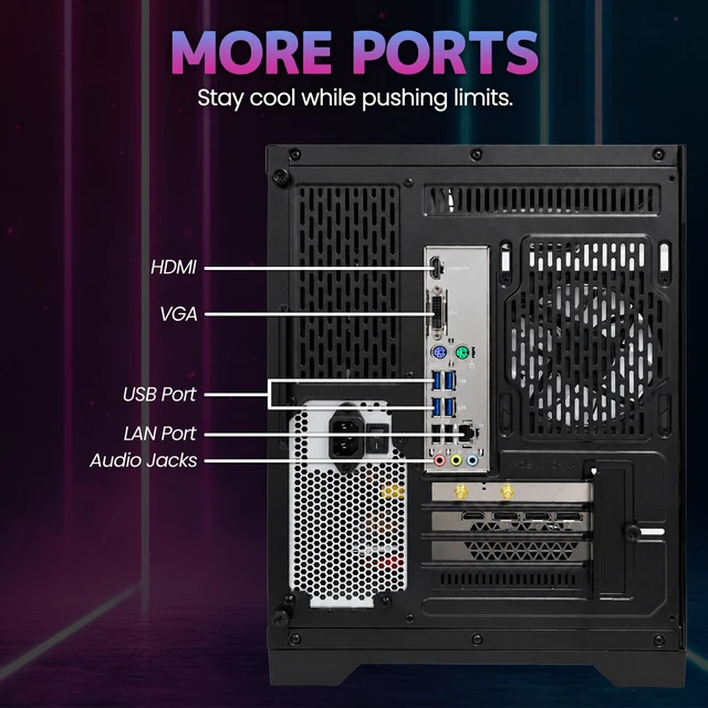 Alt view image 7 of 7 - Suevery Gaming PC Desktop, AMD Ryzen 7 5700X 8-Core Processor, NVIDIA GeForce RTX 5060 8GB, 16GB DDR4 3200MHz RAM, 1TB NVMe SSD, Wi-Fi 6, RGB Lighting, 650W PSU, Black