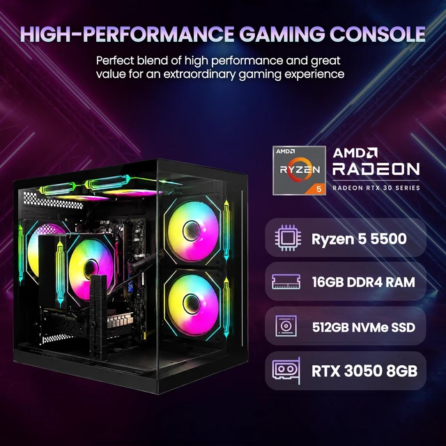 Alt view image 3 of 7 - Suevery Gaming Desktop PC AMD Ryzen 5 5500, GeForce RTX 3050 6GB, 16GB DDR4 3200MHz, 512GB NVMe SSD, WiFi 6, RGB Fans, Tempered Glass Case, Black 1080p Gaming Ready