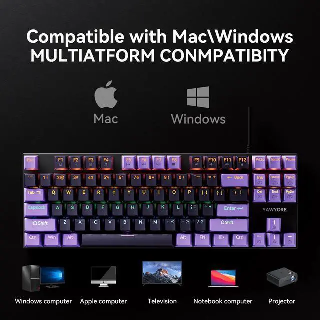 Alt view image 6 of 7 - 87-Key Mechanical Keyboard with Dazzling Colorful LED Backlight, Compatible with Windows and Mac Computers. Perfect for Gaming and Typing Windows Laptop PC Mac