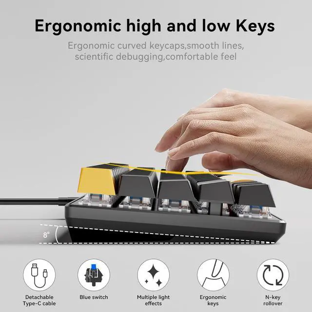 Alt view image 2 of 7 - Portable 60% Mechanical Gaming Keyboard, Colorful LED Backlight Compact 68 Keys Mini Wired Office Keyboard with Blue Switch for Windows Laptop PC Mac(Black/Yellow)