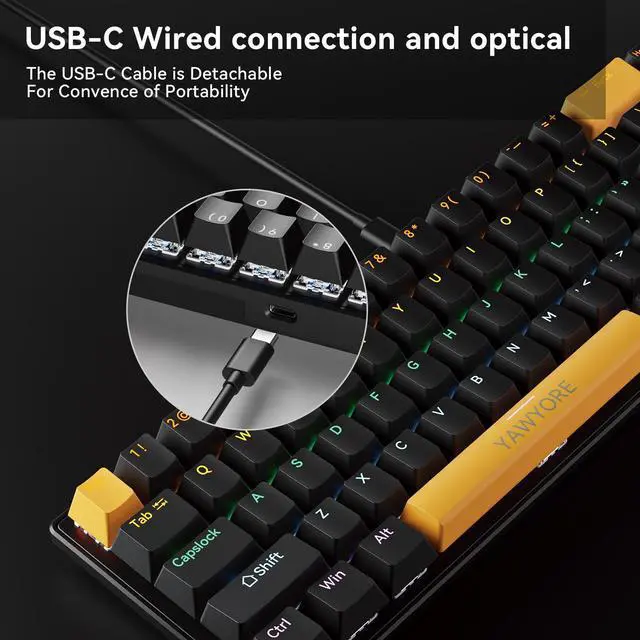 Alt view image 5 of 7 - Portable 60% Mechanical Gaming Keyboard, Colorful LED Backlight Compact 68 Keys Mini Wired Office Keyboard with Blue Switch for Windows Laptop PC Mac(Black/Yellow)