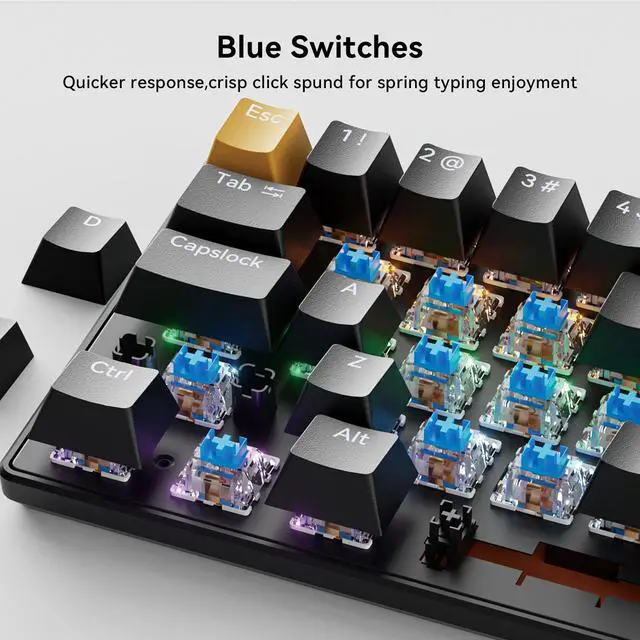 Alt view image 6 of 7 - Portable 60% Mechanical Gaming Keyboard, Colorful LED Backlight Compact 68 Keys Mini Wired Office Keyboard with Blue Switch for Windows Laptop PC Mac(Black/Yellow)