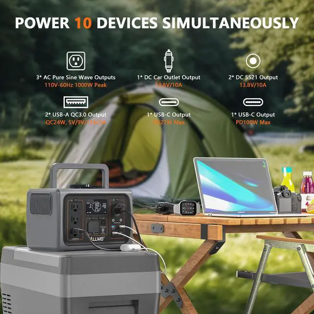 Alt view image 5 of 7 - ALLWEI Portable Power Station 500W, 512Wh LiFePO4 Battery, 2.5Hrs Fast Charge, 3 AC Outlets(Surge 1000W), Solar Generator for Outdoor Camping RV CPAP Home Emergency