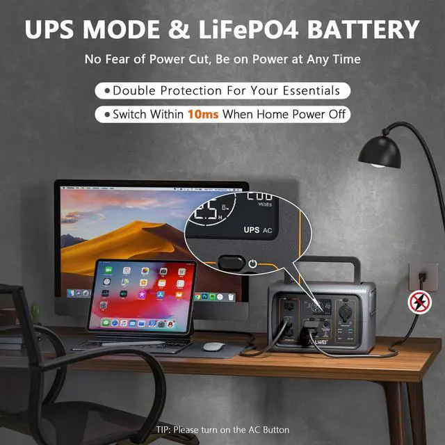 Alt view image 3 of 7 - ALLWEI Portable Power Station 500W, 512Wh LiFePO4 Battery, 2.5Hrs Fast Charge, 3 AC Outlets(Surge 1000W), Solar Generator for Outdoor Camping RV CPAP Home Emergency