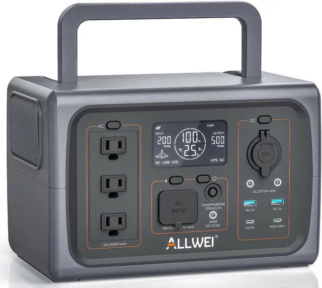 Main image of ALLWEI Portable Power Station 500W, 512Wh LiFePO4 Battery, 2.5Hrs Fast Charge, 3 AC Outlets(Surge 1000W), Solar Generator for Outdoor Camping RV CPAP Home Emergency