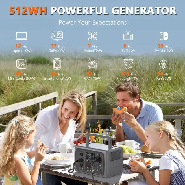 Alt view image 6 of 7 - ALLWEI Portable Power Station 500W, 512Wh LiFePO4 Battery, 2.5Hrs Fast Charge, 3 AC Outlets(Surge 1000W), Solar Generator for Outdoor Camping RV CPAP Home Emergency