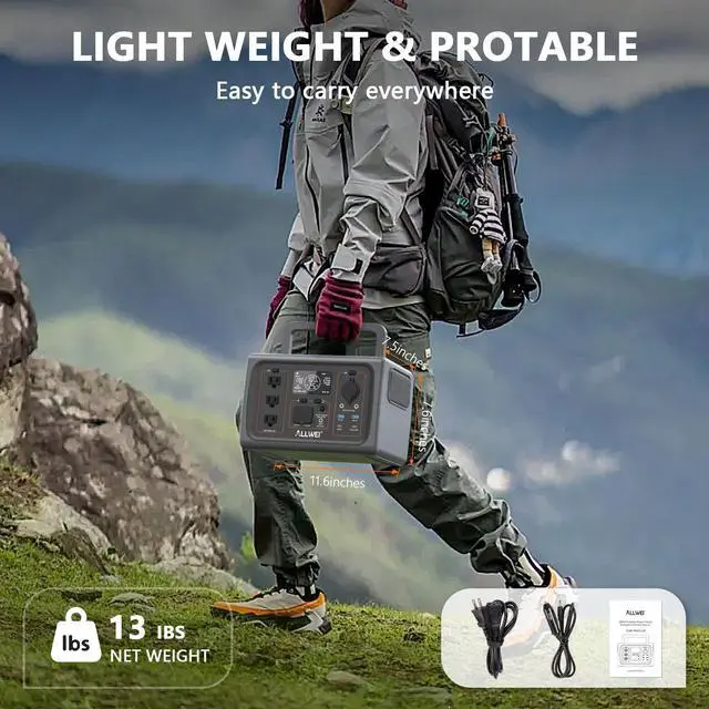 Alt view image 7 of 7 - ALLWEI Portable Power Station 500W, 512Wh LiFePO4 Battery, 2.5Hrs Fast Charge, 3 AC Outlets(Surge 1000W), Solar Generator for Outdoor Camping RV CPAP Home Emergency