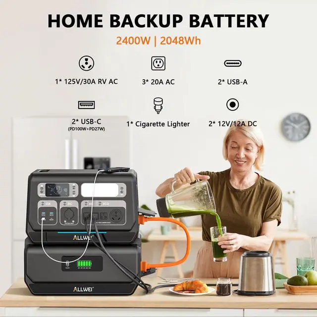 Alt view image 4 of 7 - ALLWEI LiFePO4 Solar Generator 2400W with 2x 200W Solar Panels & B200 PRO Expansion Battery, 2048Wh Portable Power Station, Fast Charge in 1.5H, UPS Battery Backup for RV Camping Home Off-Grid