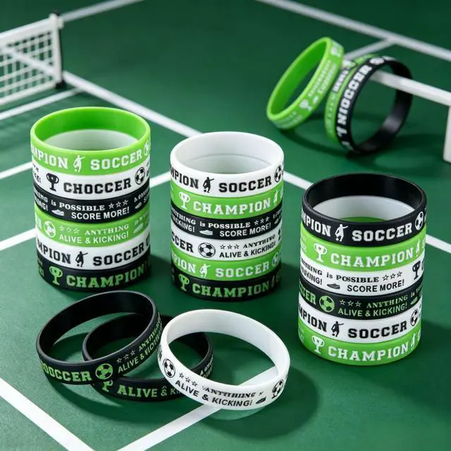 Alt view image 2 of 7 - Bright Sports Silicone Football Bracelet Set, 200pcs, Team Commemorative Wristbands for Soccer-Themed Events, Birthday Parties, and Team Building Activities