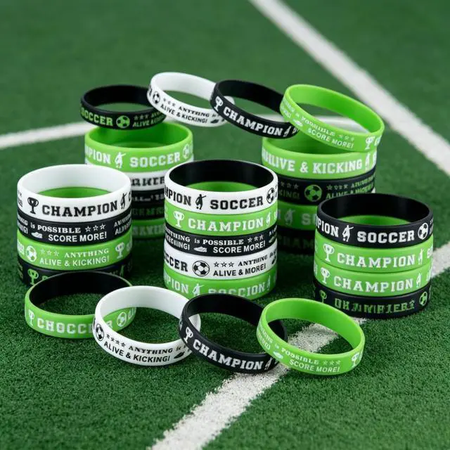 Alt view image 4 of 7 - Bright Sports Silicone Football Bracelet Set, 200pcs, Team Commemorative Wristbands for Soccer-Themed Events, Birthday Parties, and Team Building Activities