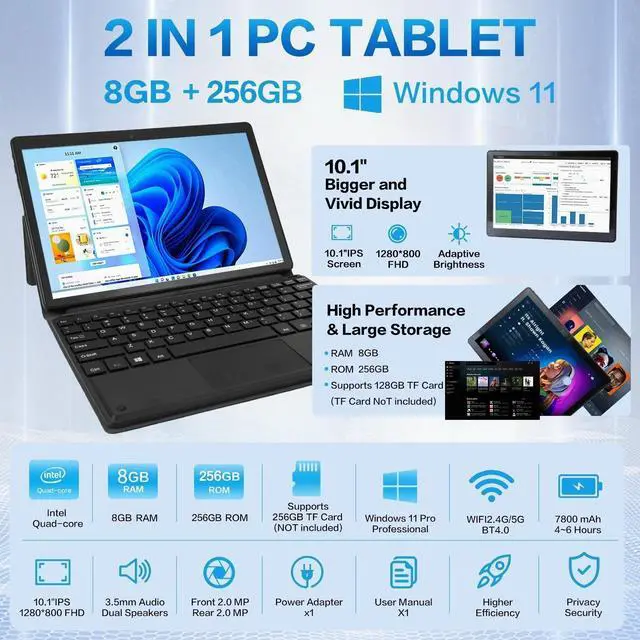 Alt view image 3 of 7 - Hongsamde 2 in 1 Windows Tablet PC, 10.1 Inch Windows 11 Pro Tablet , 8GB RAM 256GB Storage, Intel J4105 CPU, 1280*800 IPS FHD Touchscreen, with Mini HDMI/WiFi/Bluetooth/Keyboard/USB/Dual Cameras