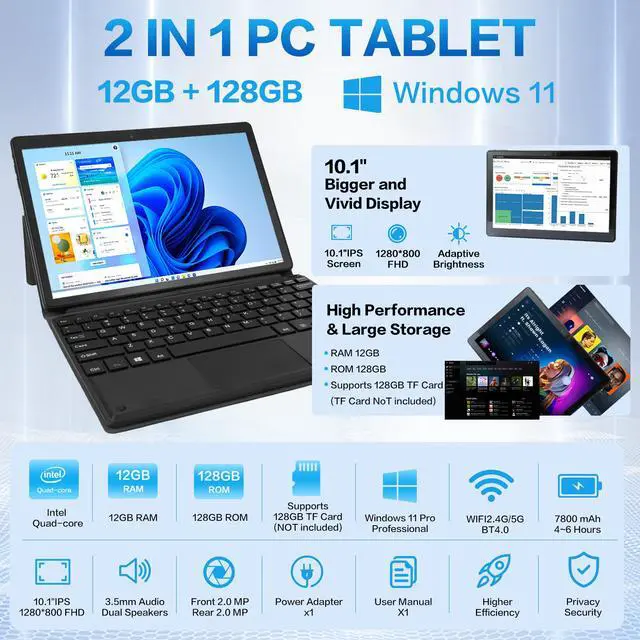 Alt view image 4 of 7 - Hongsamde 2 in 1 Windows Tablet PC, 10.1 Inch Windows 11 Pro Tablet , 12GB RAM 128GB Storage, Intel J4105 CPU, 1280*800 IPS FHD Touchscreen, with Mini HDMI/WiFi/Bluetooth/Keyboard/USB/Dual Cameras