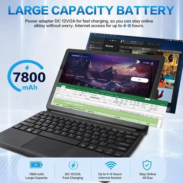 Alt view image 6 of 7 - Hongsamde 2 in 1 Windows Tablet PC, 10.1 Inch Windows 11 Pro Tablet , 12GB RAM 128GB Storage, Intel J4105 CPU, 1280*800 IPS FHD Touchscreen, with Mini HDMI/WiFi/Bluetooth/Keyboard/USB/Dual Cameras