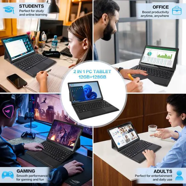 Alt view image 3 of 7 - Hongsamde 2 in 1 Windows Tablet PC, 10.1 Inch Windows 11 Pro Tablet , 12GB RAM 128GB Storage, Intel J4105 CPU, 1280*800 IPS FHD Touchscreen, with Mini HDMI/WiFi/Bluetooth/Keyboard/USB/Dual Cameras