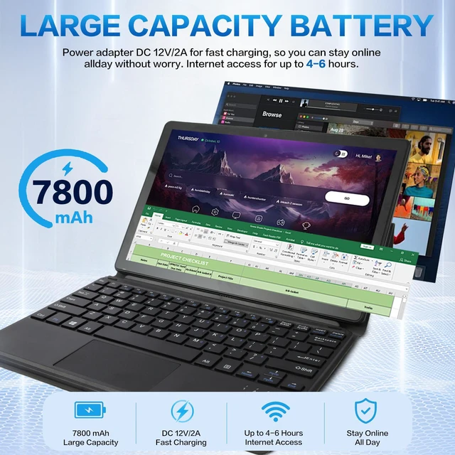 Alt view image 6 of 7 - Hongsamde 2 in 1 10.1 Inch Windows 11 Pro Tablet PC, Intel N4000 CPU 8GB RAM 128GB ROM Storage, 1280 * 800 IPS FHD Touchscreen, Windows PC Tablet with HDMI/WiFi/Bluetooth/Keyboard/USB/Dual Cameras