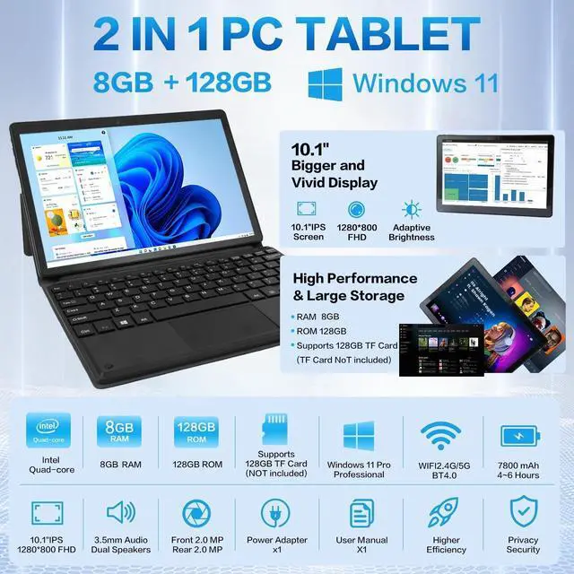 Alt view image 4 of 7 - Hongsamde 2 in 1 10.1 Inch Windows 11 Pro Tablet PC, Intel N4000 CPU 8GB RAM 128GB ROM Storage, 1280 * 800 IPS FHD Touchscreen, Windows PC Tablet with HDMI/WiFi/Bluetooth/Keyboard/USB/Dual Cameras