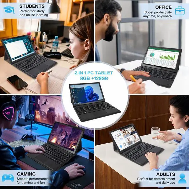 Alt view image 3 of 7 - Hongsamde 2 in 1 10.1 Inch Windows 11 Pro Tablet PC, Intel N4000 CPU 8GB RAM 128GB ROM Storage, 1280 * 800 IPS FHD Touchscreen, Windows PC Tablet with HDMI/WiFi/Bluetooth/Keyboard/USB/Dual Cameras