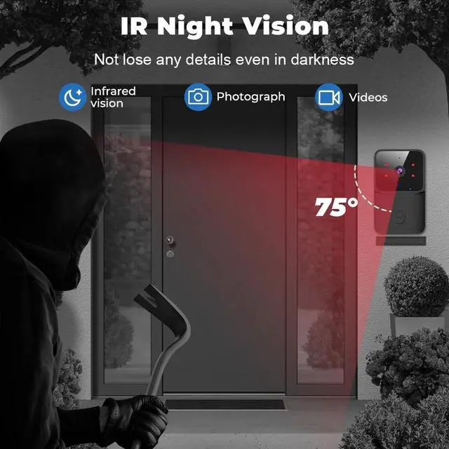 Alt view image 3 of 7 - Doorbell Camera Wireless, WiFi Video Doorbell with Chime, 2 Way Audio, AI Smart Human Detection, Night Vision, Cloud Storage, Real Time Alert for Home