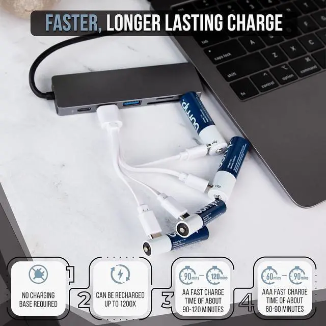 Alt view image 2 of 7 - Bump 2 AA + 2 AAA 1.5V Rechargeable Lithium-Ion Batteries 4-Pack  High Output, Fast USB-C Charging, Long-Lasting for Remotes, Toys, Keyboards  Charger Cable Included