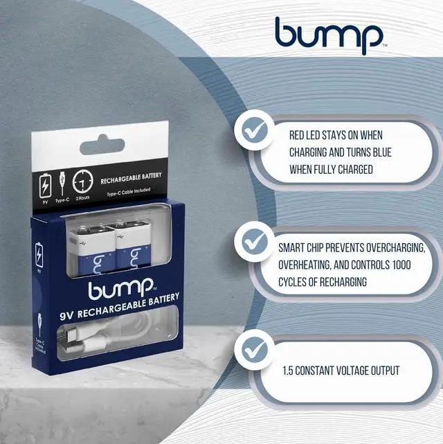 Alt view image 2 of 7 - Bump 9V Rechargeable Lithium-Ion Batteries 2-Pack  High Output, Fast USB Charging, Long-Lasting for Smoke Alarms, Radios, Toys  Charger Cable Included