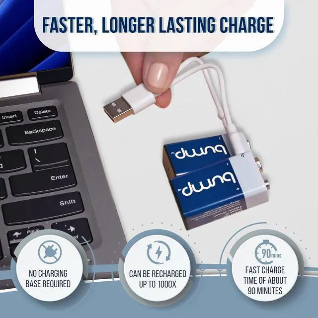 Alt view image 4 of 7 - Bump 9V Rechargeable Lithium-Ion Batteries 2-Pack  High Output, Fast USB Charging, Long-Lasting for Smoke Alarms, Radios, Toys  Charger Cable Included