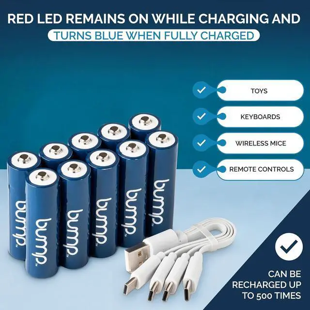 Alt view image 7 of 7 - BUMP AA USB-C Rechargeable NiMH Batteries - 10 Pack - Sustainable & Cost-Effective Alternative to Lithium Ion - Fast Charging, Long-Lasting Power - 2 Charging Cables Included
