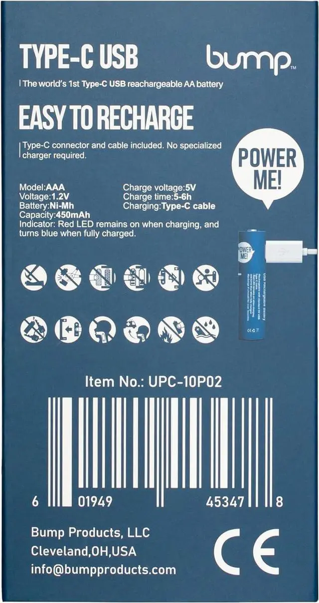 Alt view image 6 of 7 - bump AAA USB-C Rechargeable NiMH Batteries - 10 Pack - Sustainable & Cost-Effective Alternative to Lithium Ion - Fast Charging, Long-Lasting Power - Two Charger Cables Included