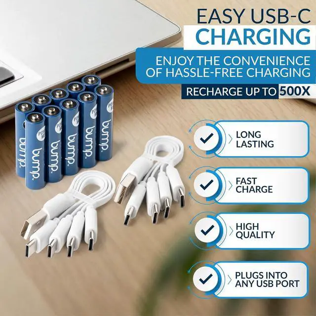 Alt view image 4 of 7 - bump AAA USB-C Rechargeable NiMH Batteries - 10 Pack - Sustainable & Cost-Effective Alternative to Lithium Ion - Fast Charging, Long-Lasting Power - Two Charger Cables Included