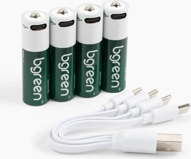 Alt view image 2 of 7 - bgreen USB-C Rechargeable AA Batteries, 4 Pack, 3400 mAh, High Output, 4-in-1 Charging Cable Included, 1.5 Hour Full Charge