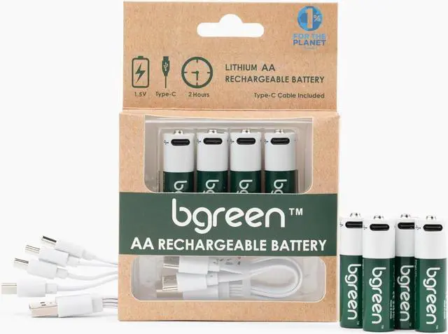 Main image of bgreen USB-C Rechargeable AA Batteries, 4 Pack, 3400 mAh, High Output, 4-in-1 Charging Cable Included, 1.5 Hour Full Charge
