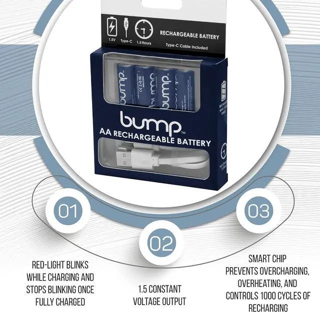 Alt view image 4 of 7 - Bump USB Rechargeable AA Batteries (4-Pack) - 2600mWh Lithium Ion, 1.5V, 1000+ Charge Cycles, Includes 4-in-1 USB-C Charge, Long-Lasting for Remotes, Toys, Keyboards, Wireless Mice