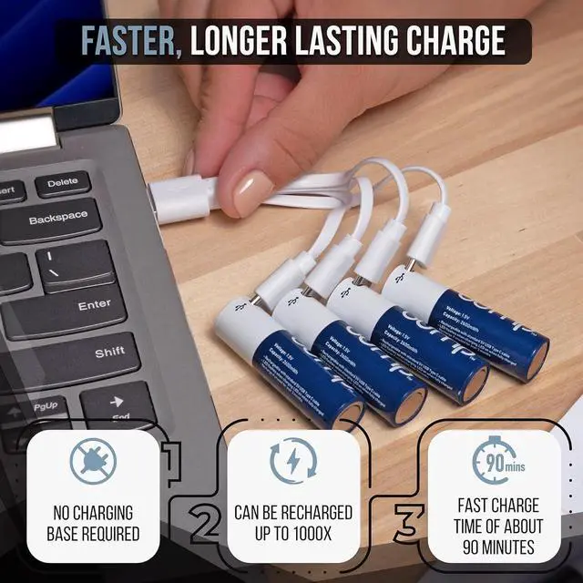 Alt view image 2 of 7 - Bump USB Rechargeable AA Batteries (4-Pack) - 2600mWh Lithium Ion, 1.5V, 1000+ Charge Cycles, Includes 4-in-1 USB-C Charge, Long-Lasting for Remotes, Toys, Keyboards, Wireless Mice