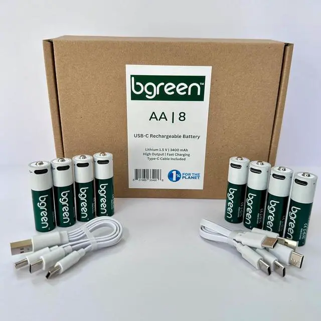 Main image of bgreen USB-C Rechargeable AA Batteries, 8 Pack, 3400 mWh, High Output, Two 4-in-1 Charging Cables Included, 1.5 Hour Full Charge. Great for Remotes, Ring camera, Keyboard, mouse, etc.