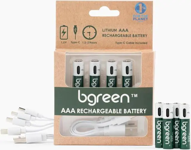 Alt view image 4 of 4 - bgreen USB Rechargeable AAA Batteries (8-Pack) - High Performance, 1350mWh Lithium Ion, 1.5V, 1000+ Charge Cycles, Includes 4-in-1 USB-C Charge, Long-Lasting for Remotes, Toys, Keyboards,