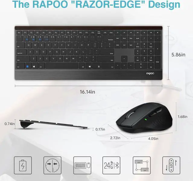 Alt view image 7 of 7 - Rapoo 9500M Multi-Device Wireless Keyboard and Mouse Combo, Portable Ultra-Thin Keyboard and Mouse Set, Wireless Keyboard Mouse Combo for Windows/Mac/Linux/Chrome/Android