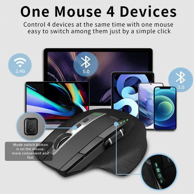 Alt view image 2 of 7 - Rapoo MT750 Multi-Device Wireless Mouse, 4 Adjustable DPI Rechargeable, Multi-Device (3 Bluetooth + USB) Programmable Ergonomic Mouse with Side Roller, Laser Mouse for Laptop Desktop PC