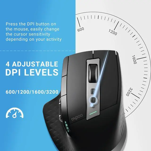 Alt view image 3 of 7 - Rapoo MT750 Multi-Device Wireless Mouse, 4 Adjustable DPI Rechargeable, Multi-Device (3 Bluetooth + USB) Programmable Ergonomic Mouse with Side Roller, Laser Mouse for Laptop Desktop PC