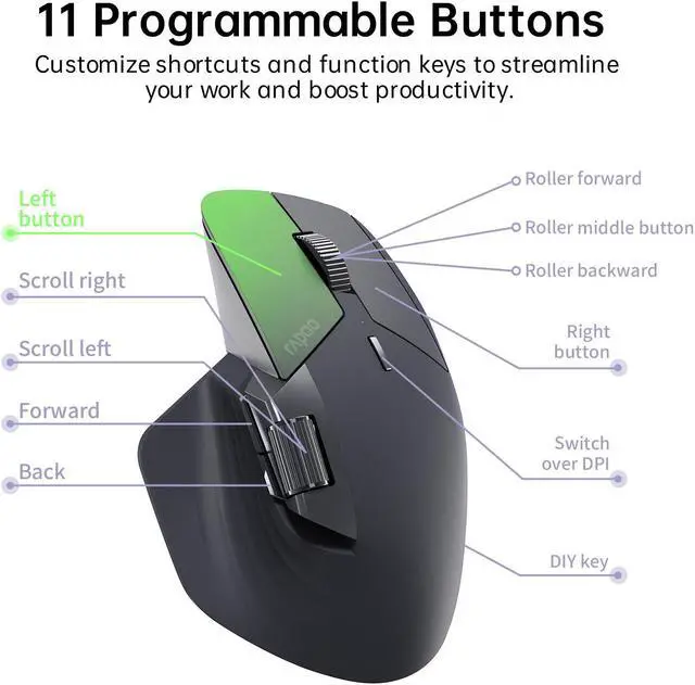 Alt view image 6 of 7 - Rapoo MT760 Multi-Device Wireless Mouse, Bluetooth 5.0/3.0 + 2.4GHz Tri-Mode Connection, Support 4 Devices, M+ Cross-Computer Technology, 11 Programmable Buttons, 90 Days Battery Life, Matte Black