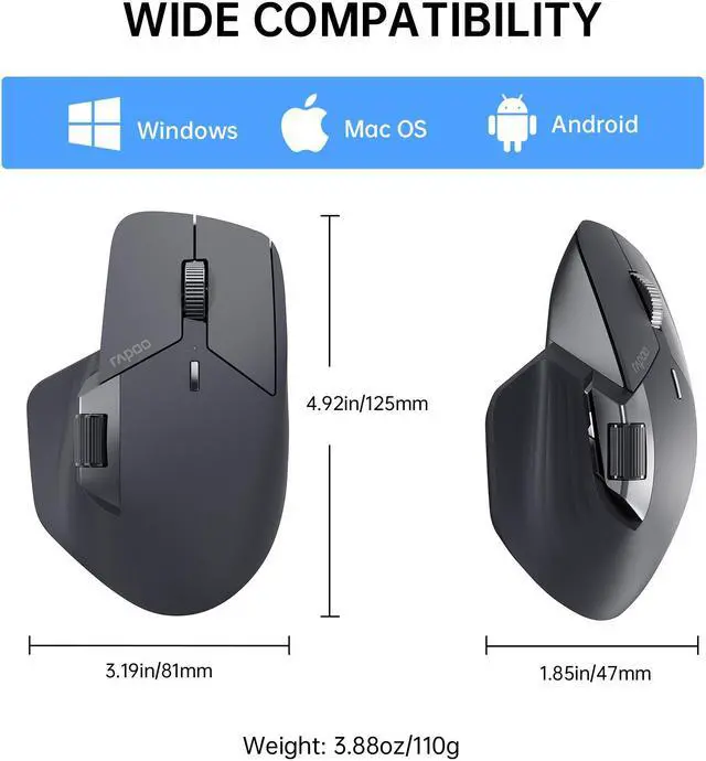 Alt view image 7 of 7 - Rapoo MT760 Multi-Device Wireless Mouse, Bluetooth 5.0/3.0 + 2.4GHz Tri-Mode Connection, Support 4 Devices, M+ Cross-Computer Technology, 11 Programmable Buttons, 90 Days Battery Life, Matte Black