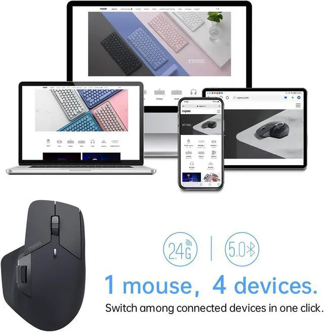 Alt view image 2 of 7 - Rapoo MT760 Multi-Device Wireless Mouse, Bluetooth 5.0/3.0 + 2.4GHz Tri-Mode Connection, Support 4 Devices, M+ Cross-Computer Technology, 11 Programmable Buttons, 90 Days Battery Life, Matte Black