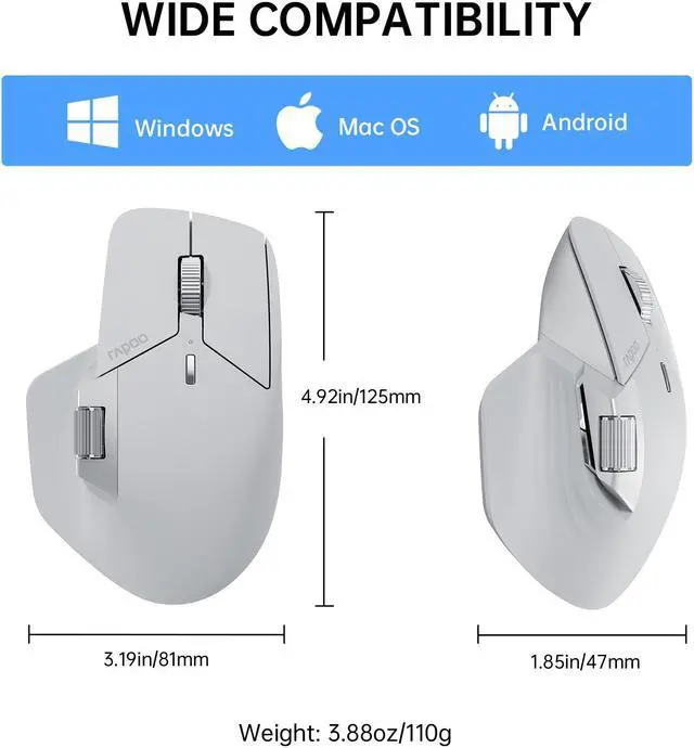 Alt view image 7 of 7 - Rapoo MT760 Multi-Device Wireless Mouse, Bluetooth 5.0/3.0 + 2.4GHz Tri-Mode Connection, Support 4 Devices, M+ Cross-Computer Technology, 11 Programmable Buttons, 90 Days Battery Life, Light Gray
