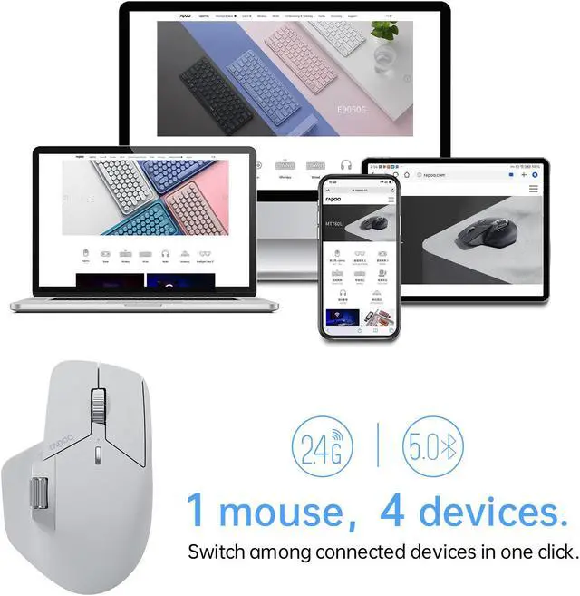 Alt view image 2 of 7 - Rapoo MT760 Multi-Device Wireless Mouse, Bluetooth 5.0/3.0 + 2.4GHz Tri-Mode Connection, Support 4 Devices, M+ Cross-Computer Technology, 11 Programmable Buttons, 90 Days Battery Life, Light Gray